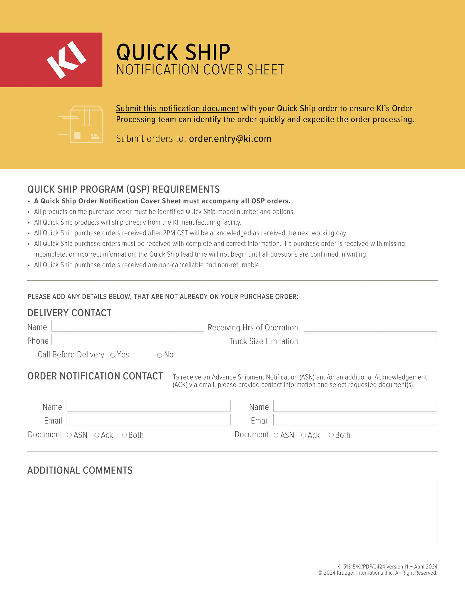 Quick Ship Purchase Order Cover